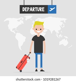 Young traveler holding a cabin luggage. Flight. Departure sign. Tourism. World map. Flat editable vector illustration, clip art