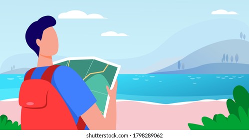 Young traveler holding map and standing near lake. Backpack, landscape, trip flat vector illustration. Vacation and nature concept for banner, website design or landing web page