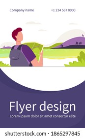 Young traveler holding map and standing near lake. Backpack, landscape, trip flat vector illustration. Vacation and nature concept for banner, website design or landing web page