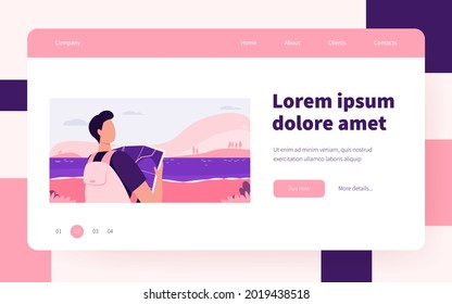 Young traveler holding map and standing near lake. Backpack, landscape, trip flat vector illustration. Vacation and nature concept for banner, website design or landing web page