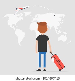 Young traveler looking at the map, back view. Flight. Destination. Tourism. Flat editable vector illustration, clip art