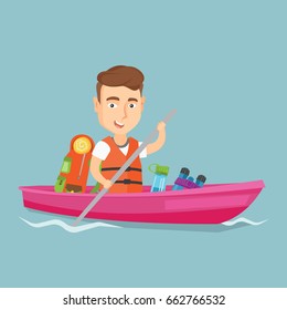 Young traveler man riding in a kayak on the river. Cheerful caucasian traveler man traveling by kayak. Concept of travel and tourism. Vector flat design illustration. Square layout.