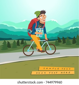 Young traveler riding a bicycle with bag and map, mountain landscape on background. Bicycling tourism concept. Vector colorful illustration