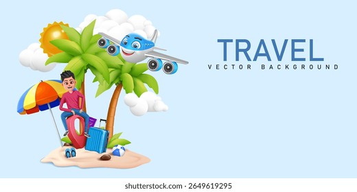 young traveler sitting on location pin and beautiful paradise.airplane character flying on sky.travel concept modern and creative background,banner and advertising template vector illustration.