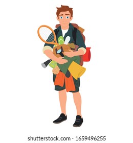 young traveler stands with things for camping in his hands. many purchases at the lowest prices. vector illustration