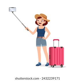 young traveler woman taking selfie and feel happy