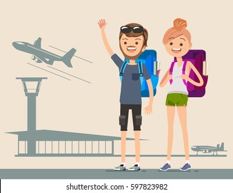 Young travelers flying around the world. Traveling together. Adventure in foreign countries