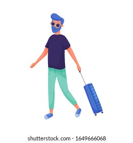 Young Traveling Bearded Man Walking and Pulling Luggage Vector Illustration