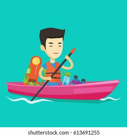 Young traveling man riding in a kayak on the river with skull in hands and some tourist equipment behind him. Cheerful asian man traveling by kayak. Vector flat design illustration. Square layout.