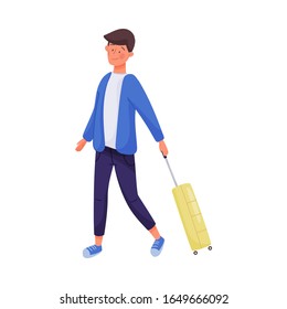 Young Traveling Man Walking and Pulling Luggage Vector Illustration