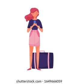 Young Traveling Woman Standing Beside Her Luggage and Holding Mobile Phone Vector Illustration