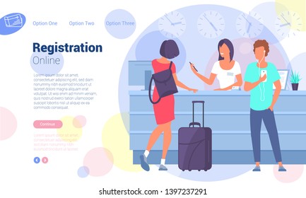 Young travellers standing at reception lobby desk talking to receptionist. Guests with travel bag at lobby. Flat design vector illustration template.