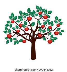 Young Tree with Green Leafs and Red Apples. Vector Illustration.