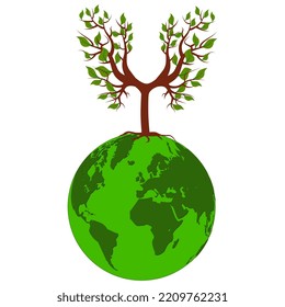 Árbol joven con hojas verdes sobre la tierra del planeta verde aislado en blanco. Símbolo de limpieza ecológica. Elemento de diseño.