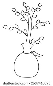 Young tree for planting. Sketch. Bush with leaves wrapped in a canvas bag. Vector illustration. Outline on an isolated white background. Doodle style. Coloring book for children. Idea for web design.