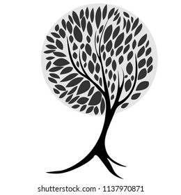 Young tree silhouette isolated on white background with leaves arranged in circle. Vector eps10.
