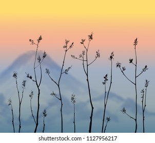 Ramas de árboles jóvenes y montañas al atardecer. Tinta oriental tradicional sumi-e, u-sin, go-hua