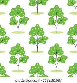 Young trees with bright green leaflets seamless pattern. Nature print of city park. Greening the planet print, vector graphics
