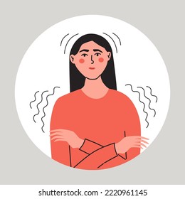 Young trembling woman hugging herself. Female feeling cold or afraid something. Flat vector illustration.