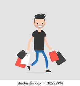 Young trendy character walking with the shopping bags / flat editable vector illustration