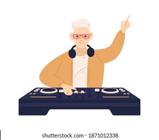 Young trendy disc jockey playing electronic dance music on dj console. Male musician mixing audio records on turntable panel. Flat vector cartoon illustration isolated on white background