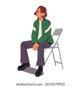 Young trendy fashion woman cartoon character with smile on face listening or thinking sitting on chair isolated on white background. Causal woman on meeting or at therapy session vector illustration