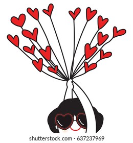Young Trendy Girl With A Bunch Of Heart Shaped Balloons Card Character illustration