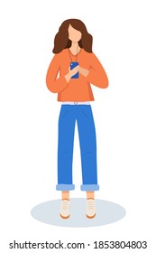 Young trendy girl is stand with a phone in her hands and headphones. Communication by phone, freelance work. Vector illustration.