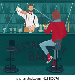 Young trendy guy sits at the bar counter and drinking cocktail. Funny hipster bartender with a bow tie prepares another drink. The rest after the working day concept. Vector illustration