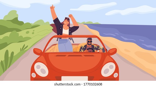 Young trendy happy hipster couple in love having trip along country road by red cabriolet. Laughing dancing stylish girl and driving boy at summertime vacation in flat vector cartoon illustration