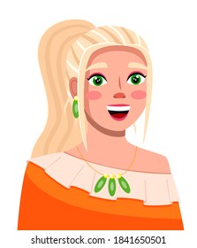 A young, trendy made-up girl with blond hair, closeup. Video blogger, stramer, coach. Master class makeup. Online blogger, vlog, fashion channel content video tutorial concept. Vector flat cartoon
