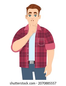 Joven hombre de moda pidiendo silencio. Persona elegante que mantiene el dedo en los labios. ¡Callate! ¡Por favor, cállate! Personaje masculino haciendo gestos de "sh" con la mano en la boca cerrada. Ilustración de dibujos animados en vector.