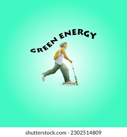 A young trendy man with a backpack travels on a kick scooter bike with the message: Green Energy. Vector illustration. 