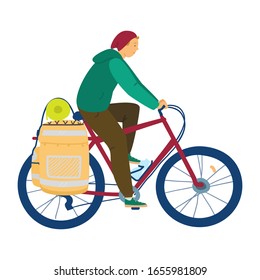 Young trendy man in hat and hoodie in a bike trip with backpack and tourist mat. Isolated on white. Hand drawn flat vector illustration.