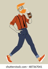 Young trendy man walking and drinking coffee, EPS 8 vector illustration