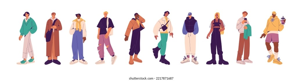 Young trendy men in fashion casual outfit. Guys in stylish apparels. Male characters set, wearing clothes, coat, sneakers in modern style. Flat vector illustrations isolated on white background