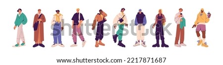 Young trendy men in fashion casual outfit. Guys in stylish apparels. Male characters set, wearing clothes, coat, sneakers in modern style. Flat vector illustrations isolated on white background