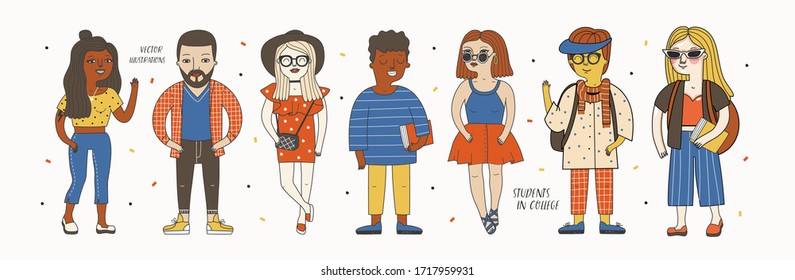 Young and trendy multinational college students. Vector illustration of youth - young boys and girls holding a book, happy cute teens. Drawing characters on an isolated background
 
