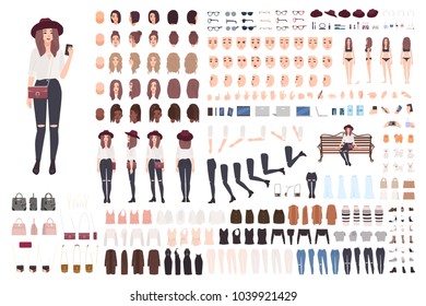 Young trendy woman or girl construction kit or creation set. Bundle of various postures, hairstyles, faces, legs, hands, clothes, accessories. Front, side, back views. Cartoon vector illustration. 