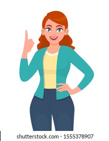 Young trendy woman pointing finger up. Happy stylish girl showing index finger. Female character illustration design. New idea, innovation, solution. Modern lifestyle concept in vector cartoon style.