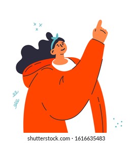 Young trendy woman points her finger at something.Hand gesture.Gesture language.The girl in hoodie is paying your attention.Template design.Flat vector illustration.Colorful cartoon characters.