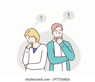 Young troubled couple. Confused woman and man thinking together. Hand drawn style vector design illustrations.