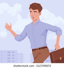Young troubled handsome businessman running fast late down street. Smart manager in hurry, stylish student in formal office wear shirt. Vector flat style creative illustration, urban city background