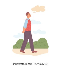 Young Troubled Man Walking In Park Outdoors Isolated Flat Cartoon Character. Vector Person Walk In Park, Thoughtful Guy With Thinking Bubble Above Head, Person Businessman Think About Problem