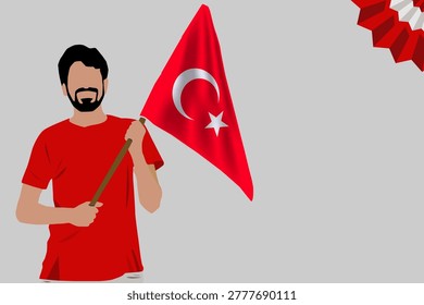 young Turkish man wearing red shirt and holding waving Turkey flag with grey background