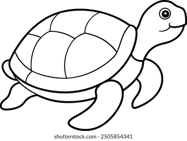 Ilustración vectorial de la silueta del arte de la línea o del contorno de la tortuga joven con el fondo blanco de las líneas lisas.