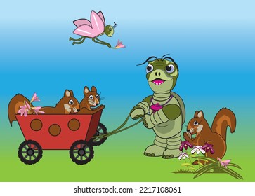 Tortuga joven jugando con ardillas y mirando hacia una mariposa rosa