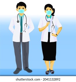 Young two doctors full figure vector drawing design.