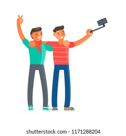 Young two men making selfie photo. Vector illustration eps 10