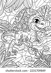 Young tyrannosaurus, funny hero. Background forest tropics. Antistress for children and adults. Illustration on white background. Zen-tangle style.